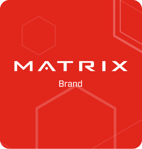 Image of the Matrix logo and the word 'brand' beneath on a red background with low-opacity hexagons