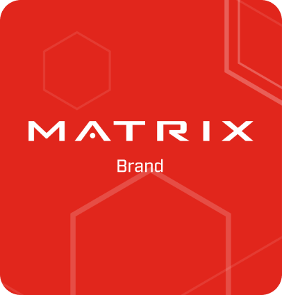 Image of the Matrix logo and the word 'brand' beneath on a red background with low-opacity hexagons
