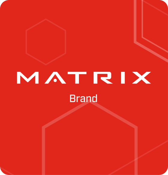Image of the Matrix logo and the word 'brand' beneath on a red background with low-opacity hexagons