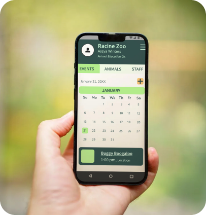 Image of someone holding their phone with the RINO app calendar on screen. Title indicates user to be Aszya Summers, Animal Education Co.Tab is set to events, even banner below reads "Buggy Boogaloo, 1:00pm, Location"