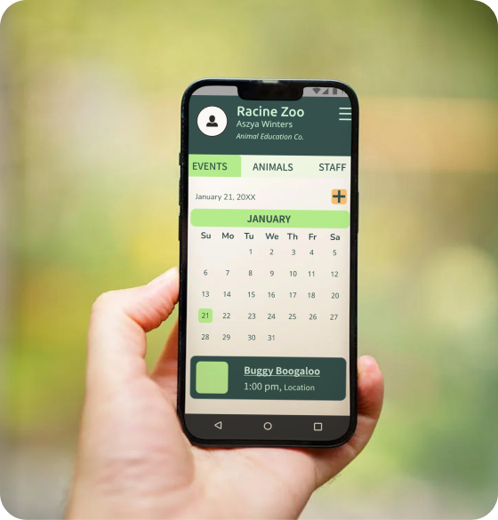 Image of someone holding their phone with the RINO app calendar on screen. Title indicates user to be Aszya Summers, Animal Education Co.Tab is set to events, even banner below reads "Buggy Boogaloo, 1:00pm, Location"